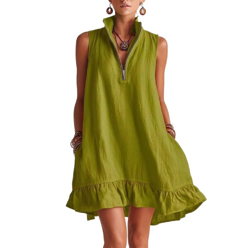 Robe mini bohème unie sans manches pour femme, robe de plage pour les vacances d'été, poches, fermeture éclair, col en V, ourlet à volants, robes amples en forme de A