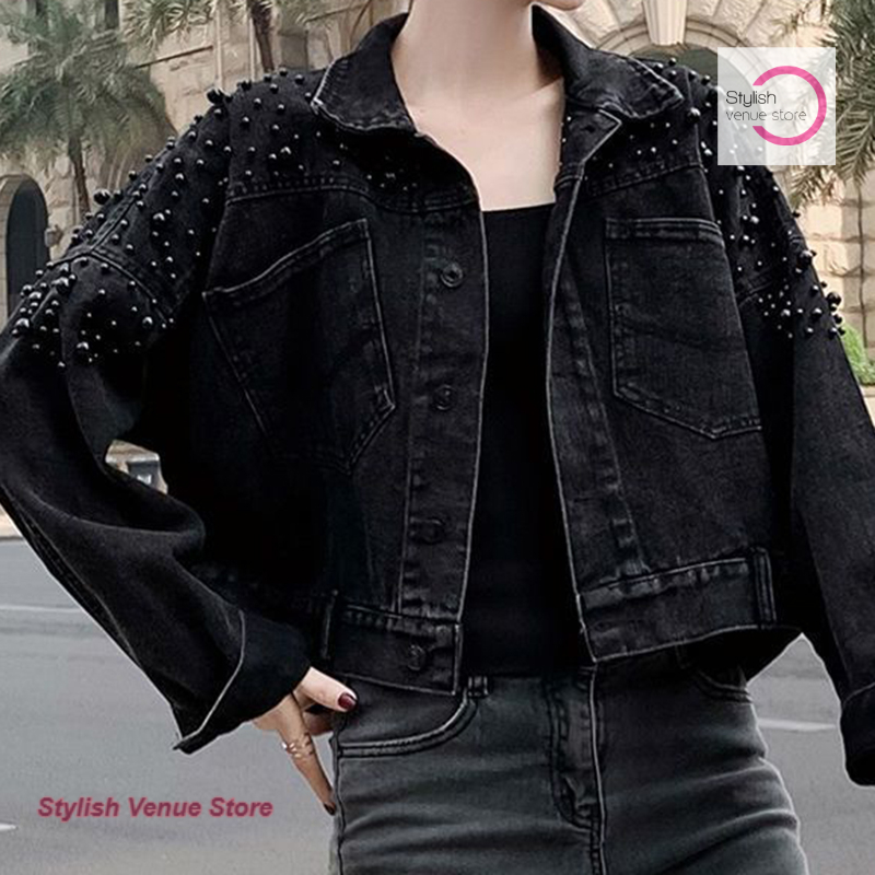 Veste en jean ample à perles style coréen pour femme, nouvelle collection printemps-automne, couleur unie, manteau décontracté élégant.