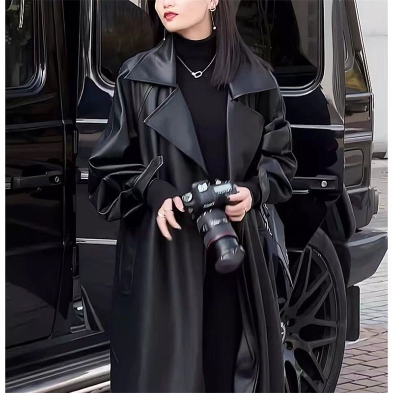 Nouvelle Veste Longue en Cuir Tendance Haut de Gamme pour Femme, Coupe au-dessus du Genou, Style Luxe et Élégant, Manteau Coupe-vent en Cuir