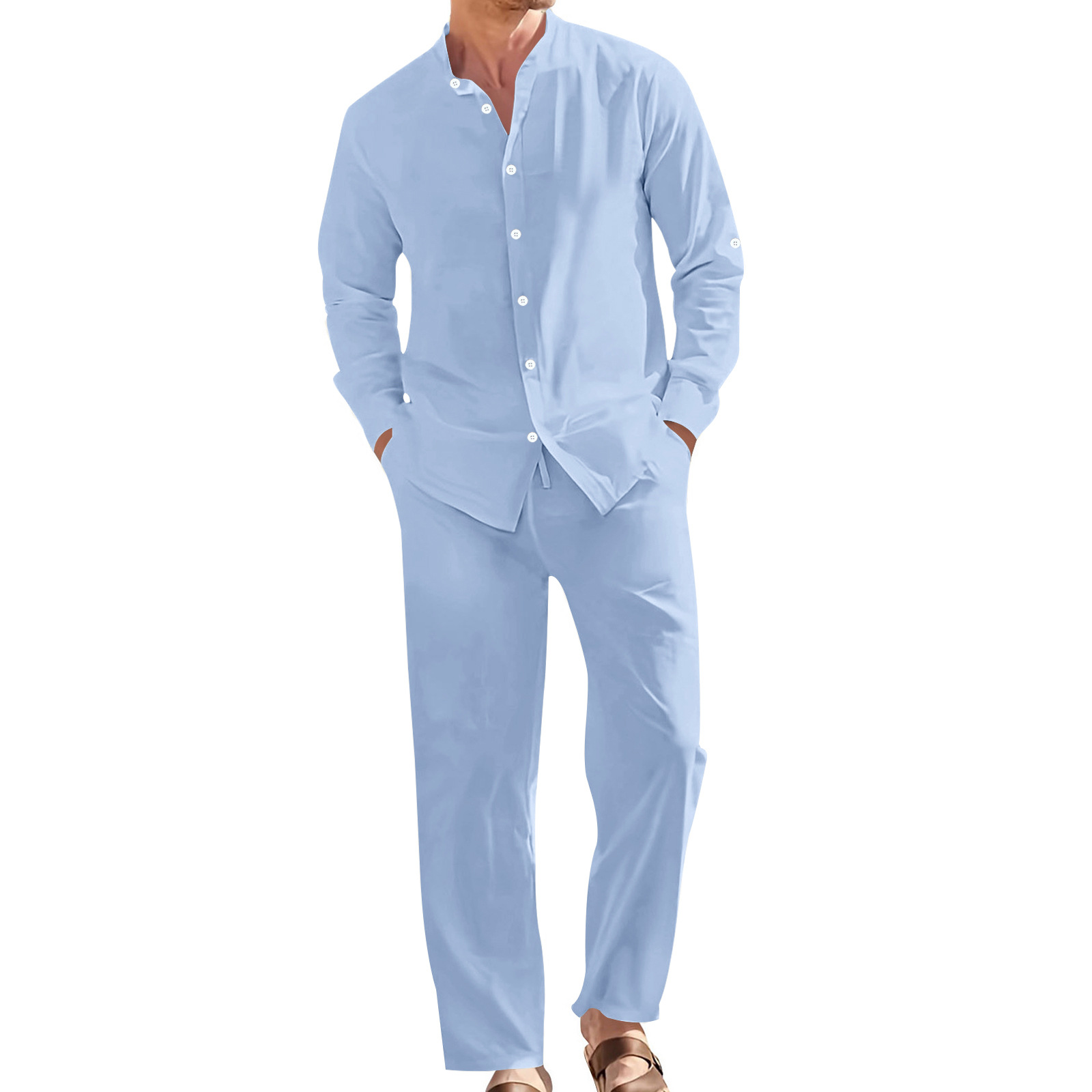 Ensemble décontracté en lin pour homme, chemise à col montant + pantalon ample
