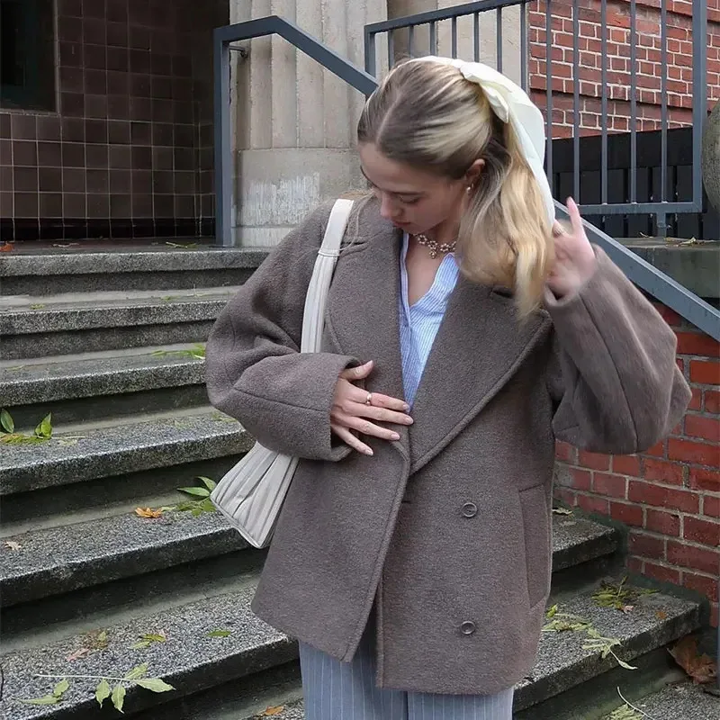 Manteau en laine à Double boutonnage pour femme, veste Blazer courte à revers, manches longues, élégante, couleur unie, chaude, ample, vêtements d'extérieur, mode automne hiver