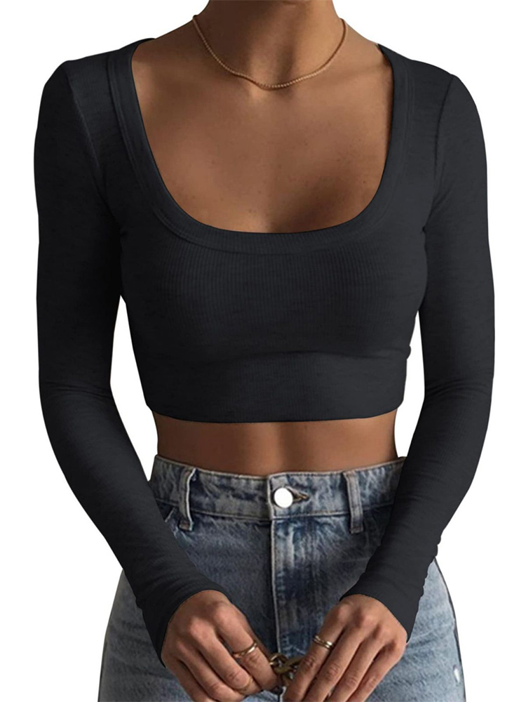 Chemise courte à manches longues pour femmes, col rond profond, tricot de documents solide, chemise courte décontractée, rue de la fête, été, Y-Y2K