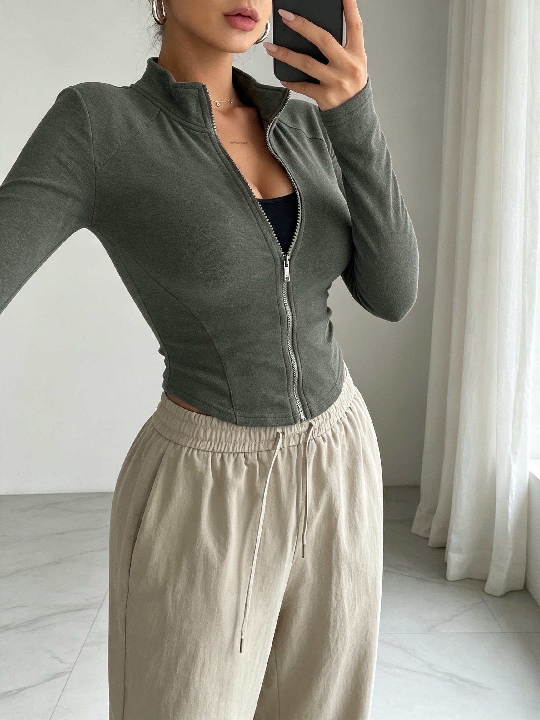 Veste zippée en tricot pour femme, coupe ajustée, col montant, manches longues, polyvalente, décontractée, sportive, cardigan
