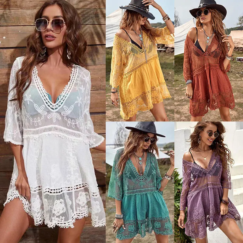 Maillot de bain en dentelle contrastée pour femmes, Cover-Up pour Bikini, tunique ajourée, robe de plage, Crochet, vêtements de plage, Protection solaire