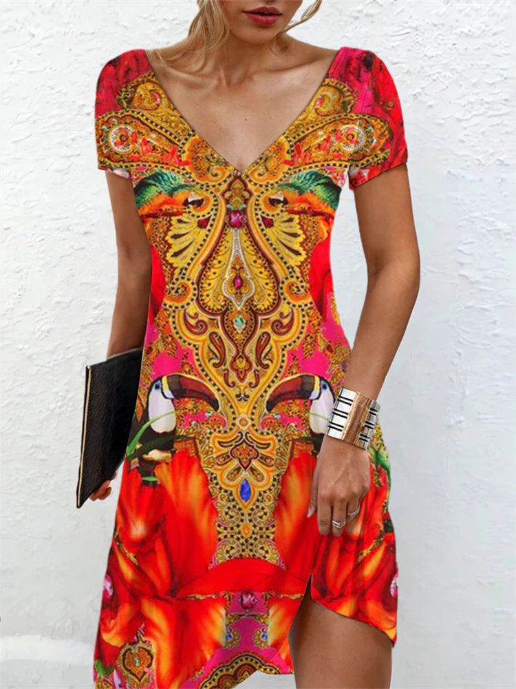 Robe mi-longue à manches courtes et col en V pour femmes, impression 3D abstraite, robes rétro adt décontractées, grande taille 6XL, mode d'été, nouveau, 2024