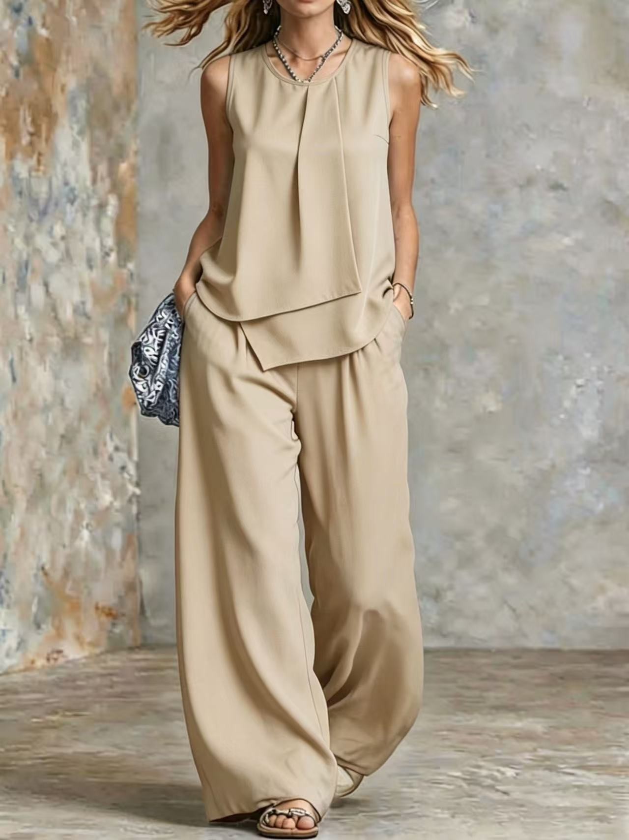 Ensemble 2 pièces pour femme, été, uni, sans manches, haut superposé asymétrique, pantalon taille haute à jambes larges, élégant, décontracté, pour le bureau