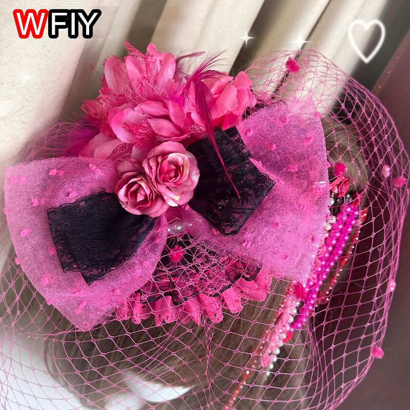 Mini-chapeau fascinateur pour femme, style japonais Gyaru Shibuya Lolita, avec voile, dentelle florale et nœud, coiffe de mariée personnalisée, pince à cheveux pour séance photo