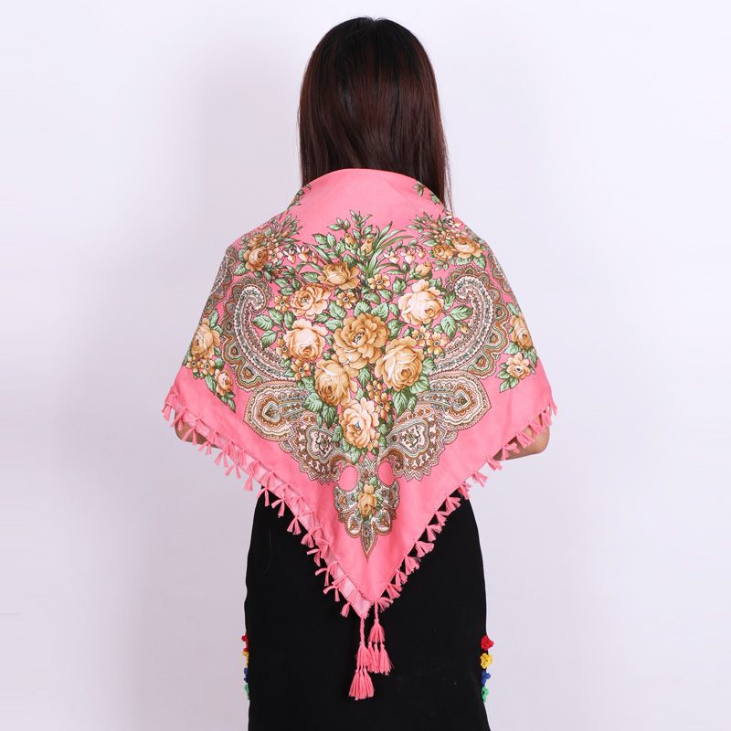 Écharpe carrée à pampilles pour femmes russes, châle imprimé floral pour dames, bande de sauna courte, cape rétro, écharpes rondes, 90x90cm, mode, YG584