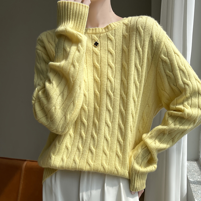 Pull épais en laine mérinos pour femme, col rond, pull torsadé, tricots décontractés en cachemire, manches longues, bas, automne, hiver
