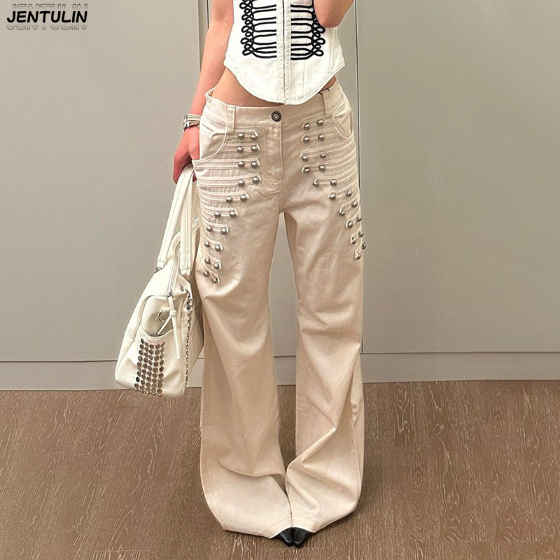 Pantalon en jean pour femme, style rétro américain, avec boucle métallique, nouvelle collection été, coupe ample et large, longueur au sol, style urbain et séduisant