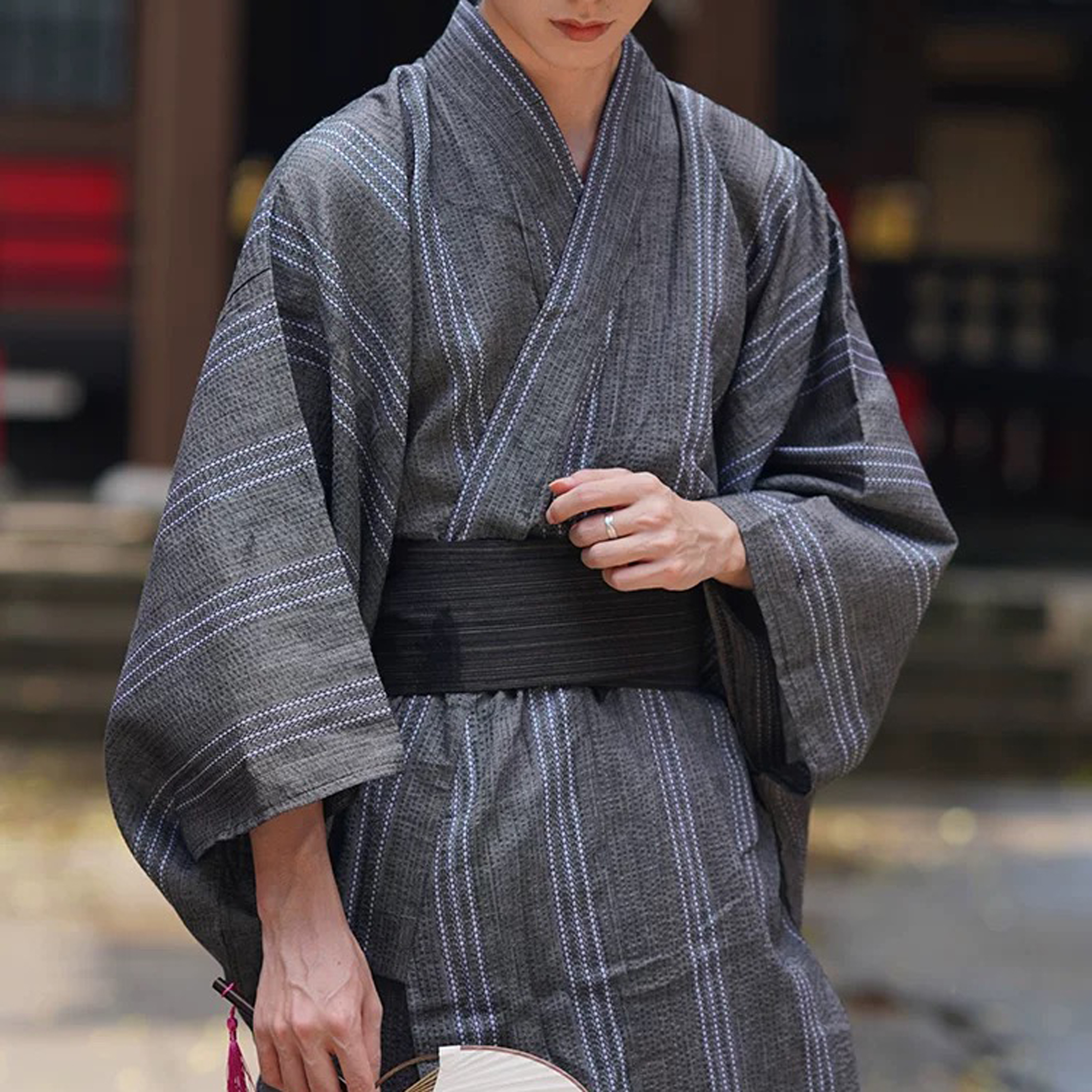Été gris japonais traditionnel samouraï Kimono pour hommes Yukata Robe de bain Hekoobi Style ample Homewear ceinture longue Robe coton