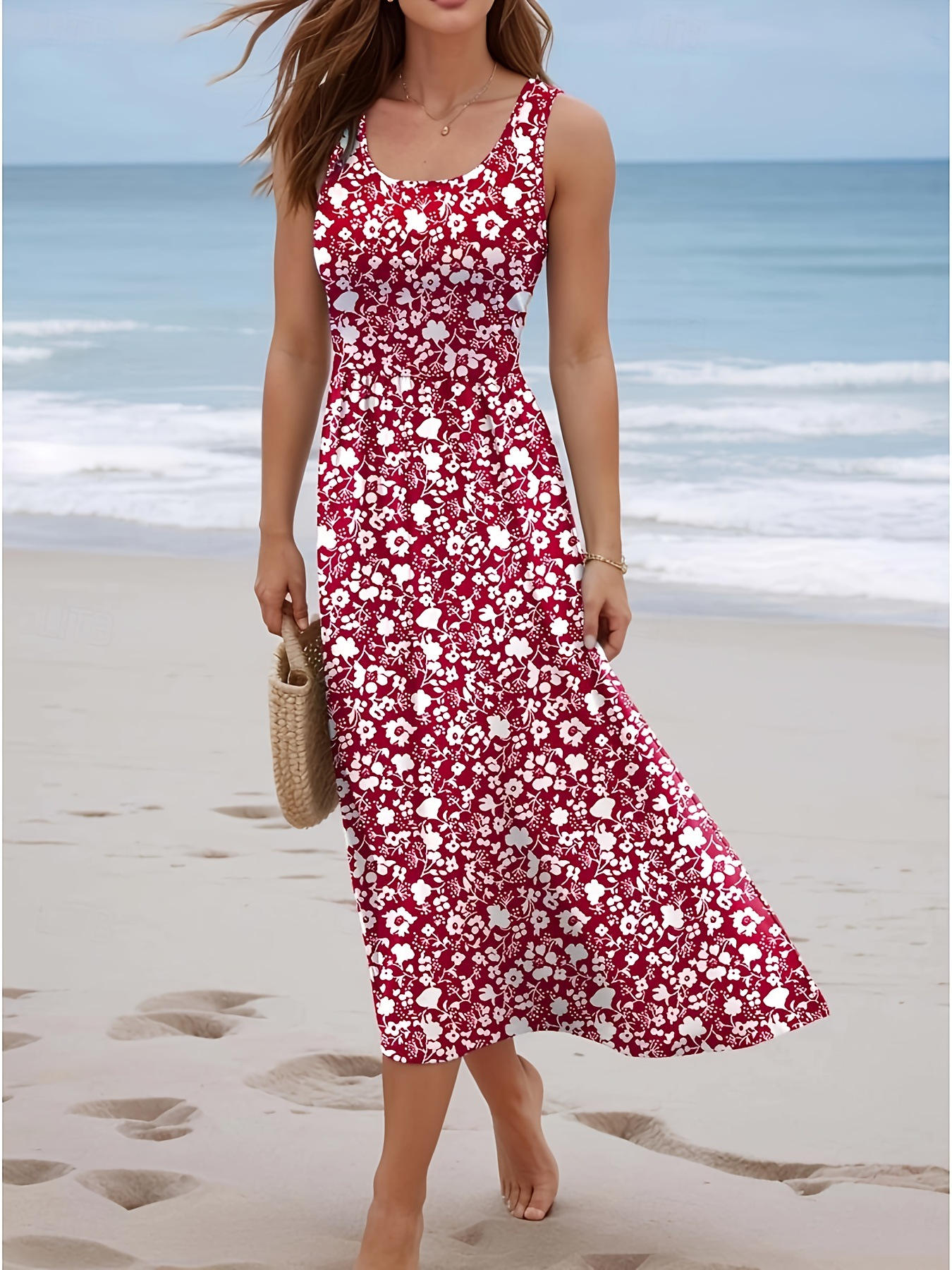 Robe longue d'été sans manches pour femme, col en U, imprimé floral bohème, fluide, décontractée, pour la plage et les vacances