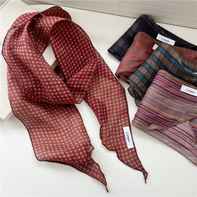 Foulards longs et étroits, couleur foncée, écharpe à carreaux rayés, enveloppes de cou Vintage pour femmes, Bandanas, Turban, bandeau
