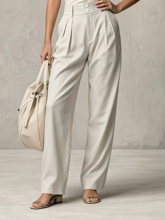 Style polyvalent et simple pour les trajets quotidiens, taille élastique à double bouton, coupe ample, amincissant, fin et élégant, décontracté, pour tous les jours, pour le lieu de travail, intellectuel, couleur unie,
