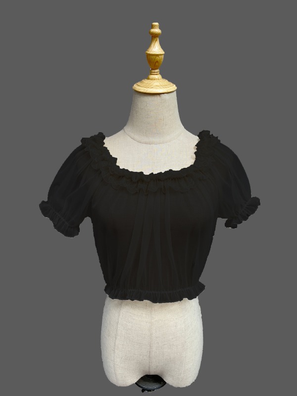 Chemisier transparent en dentelle et maille, haut court Lolita, manches courtes, léger, chemise Lolita douce pour femmes, épaules dénudées, à volants en dentelle, été