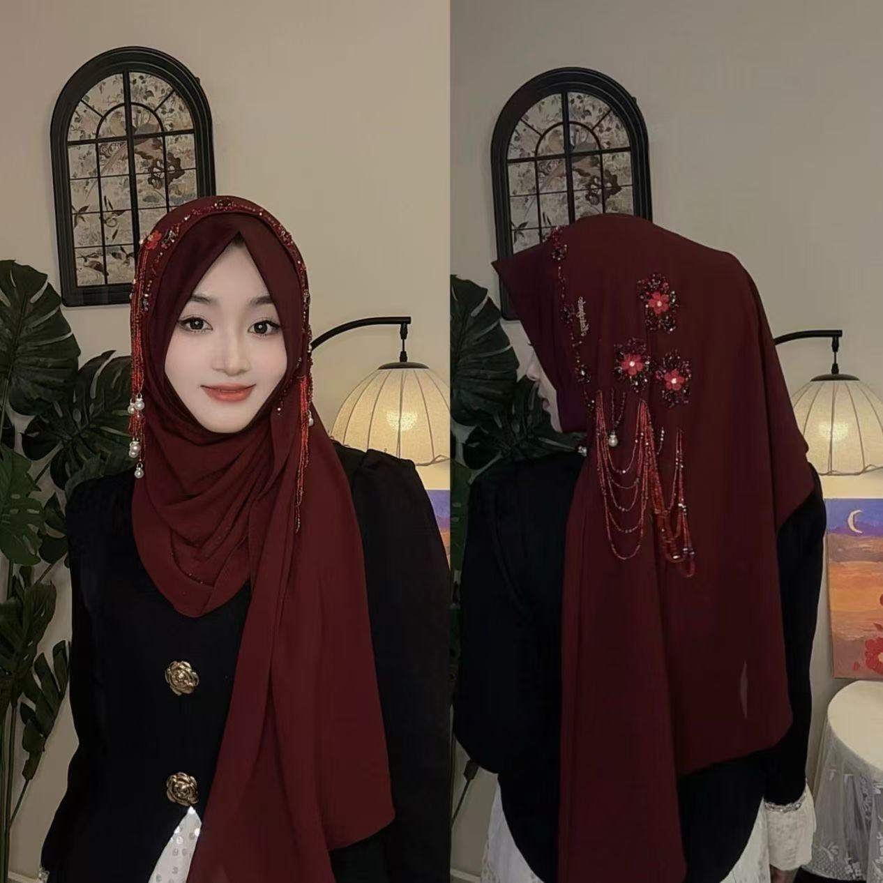 Abaya Hijab pour femmes musulmanes, châle en dentelle, foulard de luxe à pompons, écharpe de prière malaisienne, Kufi Islam, Turban d'Arabie Saoudite 05482