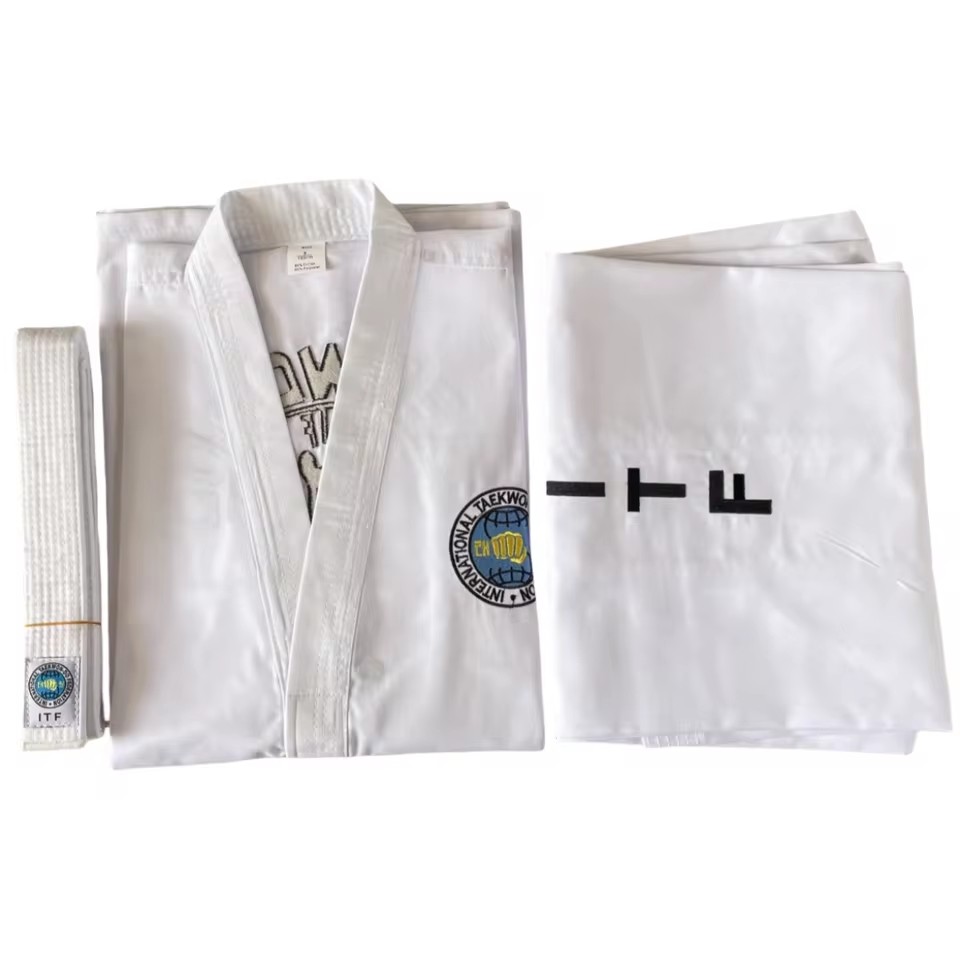 Tenue de karaté, tenue de taekwondo ITF, tenue d'athlétisme, fermeture éclair blanche pour enfants et adultes, entraînement débutant, tissu sergé