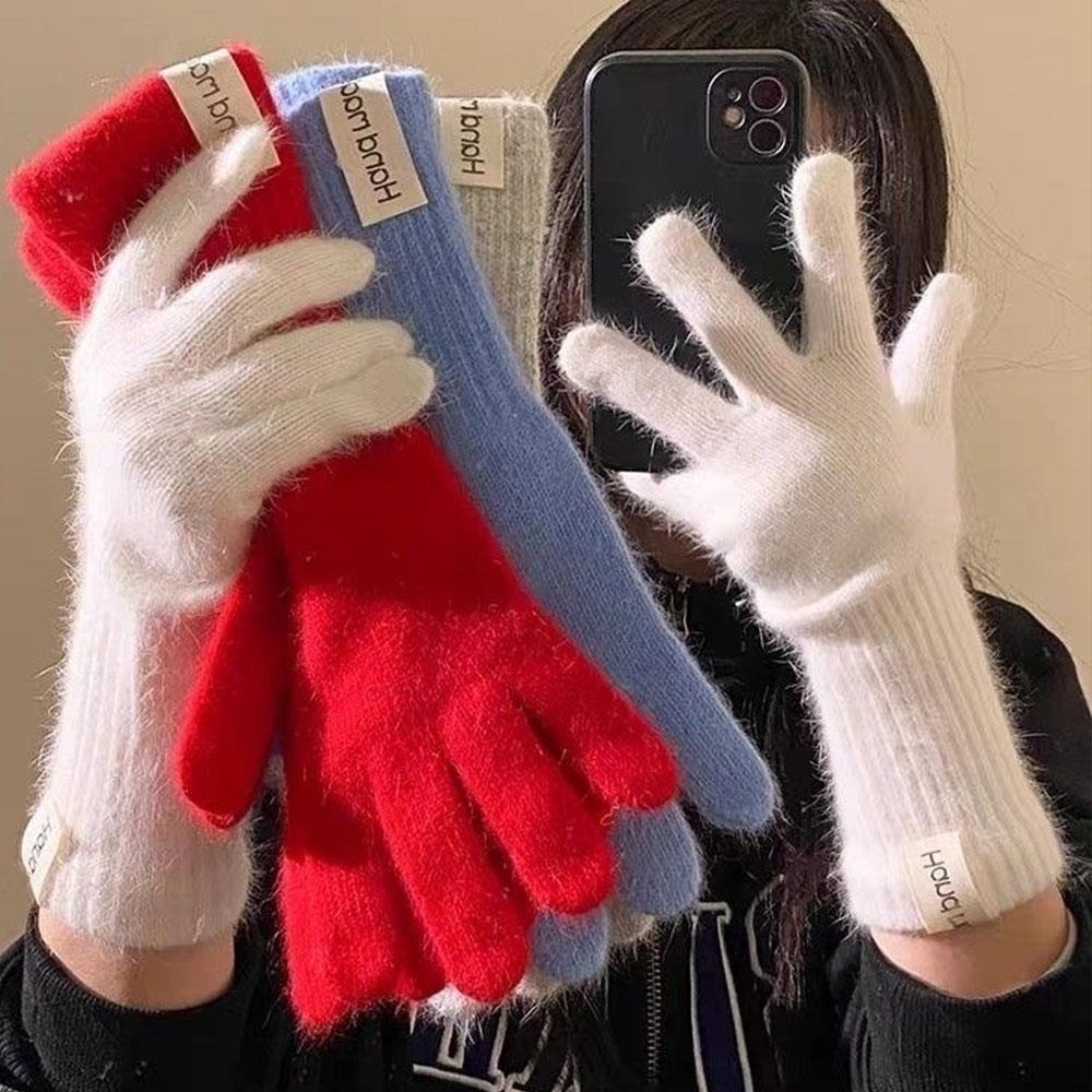 Winter Adult Warm Gloves, Women Winter Gloves, Imitation Rabbit Hair Knitted Yarn Mitten Outdoor Anti Cold Gloves Solid Gloves