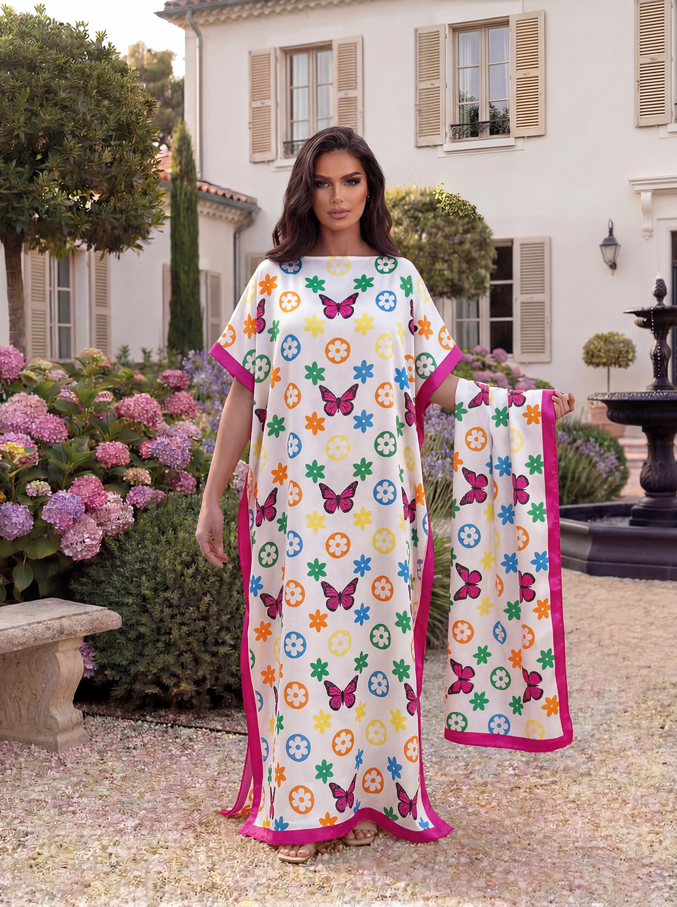 Abaya à imprimé floral de Dubaï avec foulard, kaftan maxi ample à col bateau et manches chauve-souris pour femmes musulmanes africaines