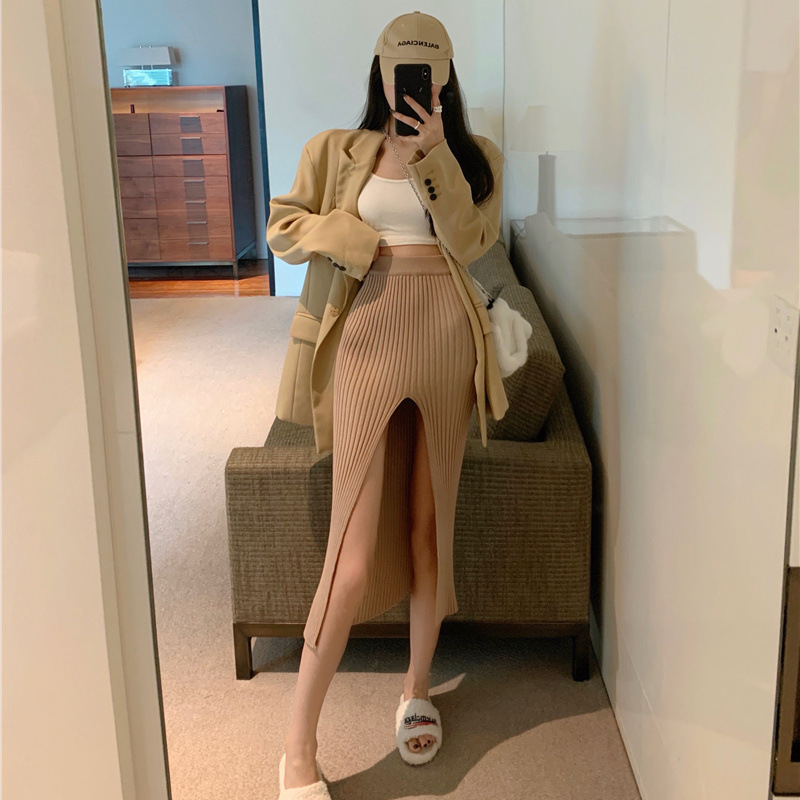 Jupe élégante et sexy à fente pour femme, robe tricotée ajustée amincissante style Hot Girl, jupe taille haute pure et raffinée
