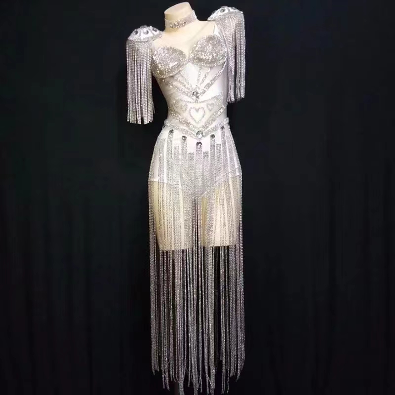 Tenue rave pour femmes, tenue de célébration, Showgirl, pompon en cristal, vêtements de scène, robe de danse de chanteur, tenue de spectacle d'événement