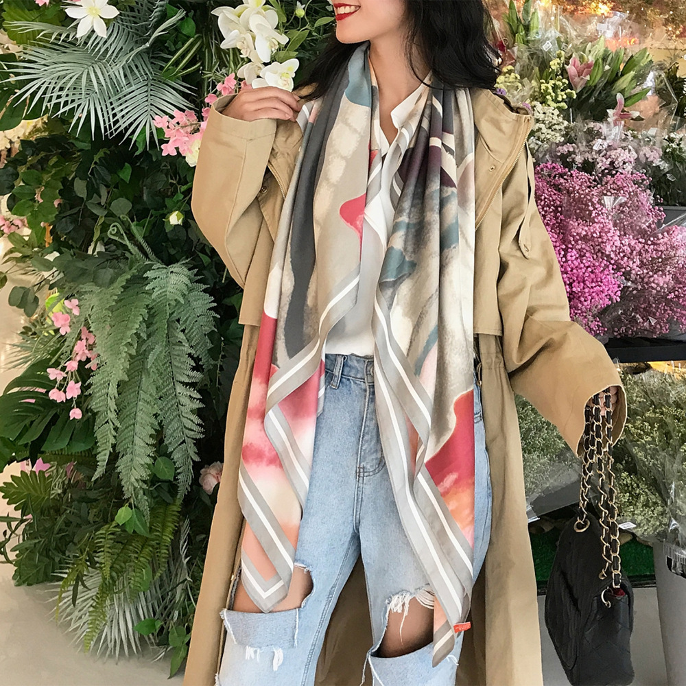 Foulard carré 130 soie pour femme, châle, Bandana, peinture à l'huile, fleurs peintes à la main, Design de mode, 100% cm