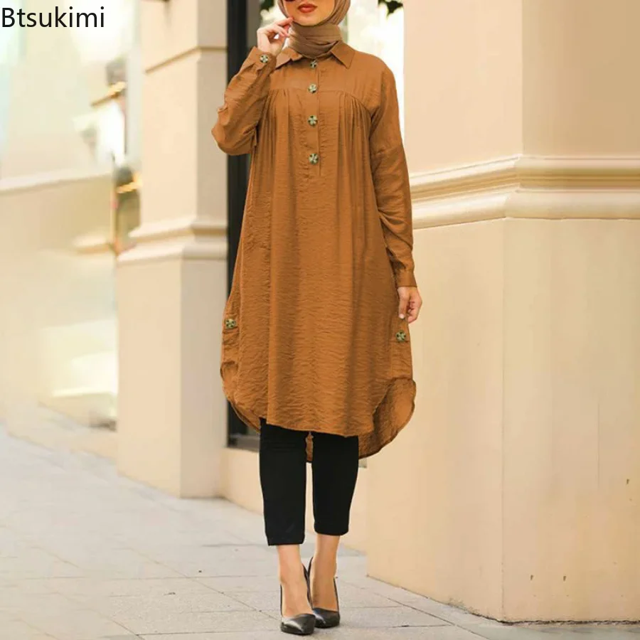 Chemisier musulman solide pour femmes, chemise longue Simple en coton et lin, arabie saoudite, Islam, hauts pour dames, robes trapèze, été 2026