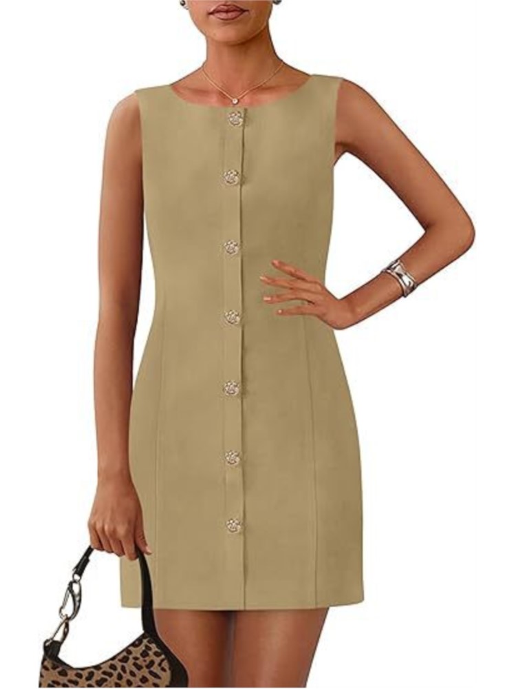 Robe de bureau élégante pour femmes, couleur unie, col rond, sans manches, boutons, Mini robes décontractées, vêtements d'été pour femmes, nouvelle collection