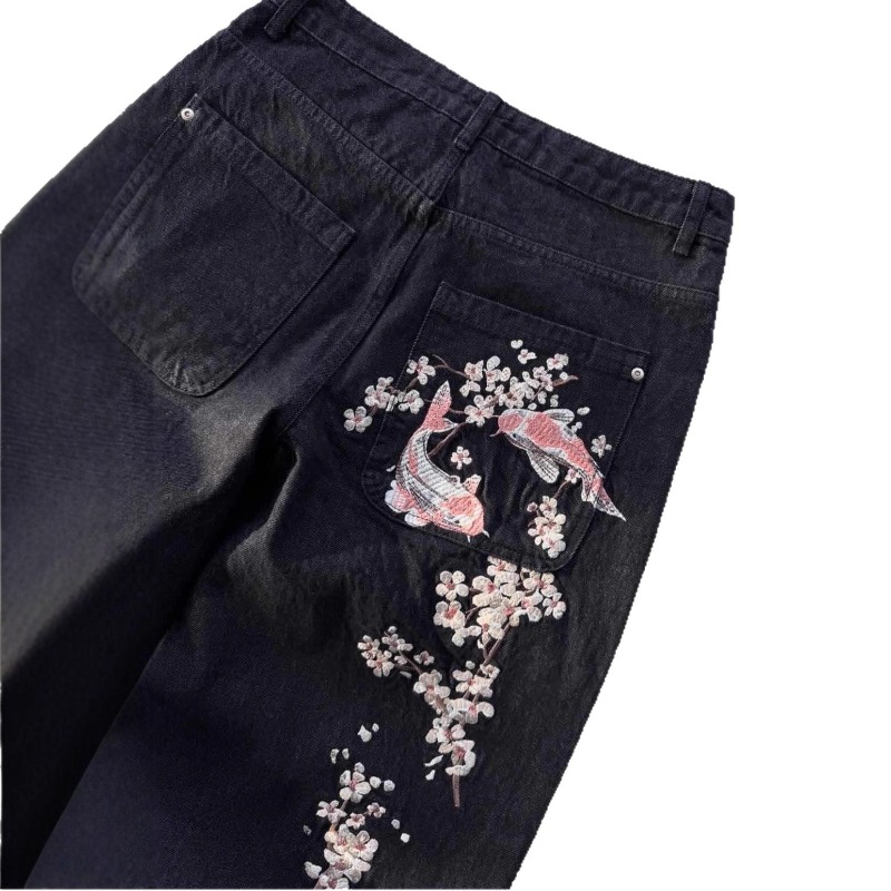 Jeans unisexe Harajuku, streetwear européen et américain, pantalon en denim brodé, coupe ample vintage à motif floral, jambe large droite, décontracté, nouveauté