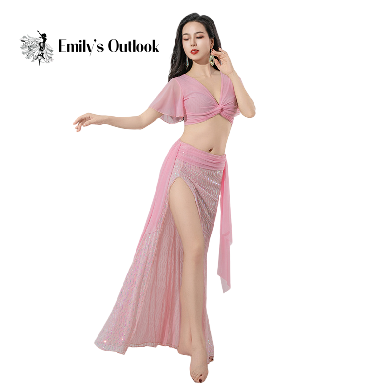Ensemble de costumes de danse du ventre pour femmes, 2 pièces, jupe de danse orientale à paillettes, tenue Sexy fendue sur le côté, à volants, manches courtes, vêtements d'entraînement, 2025