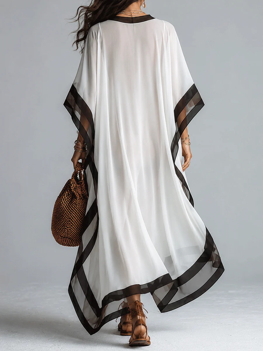 Robe longue kaftan pour femme en mousseline, col en V, manches chauve-souris, coupe ample, avec bordure contrastante blanc et noir, idéale comme tenue de plage ou robe décontractée de vacances