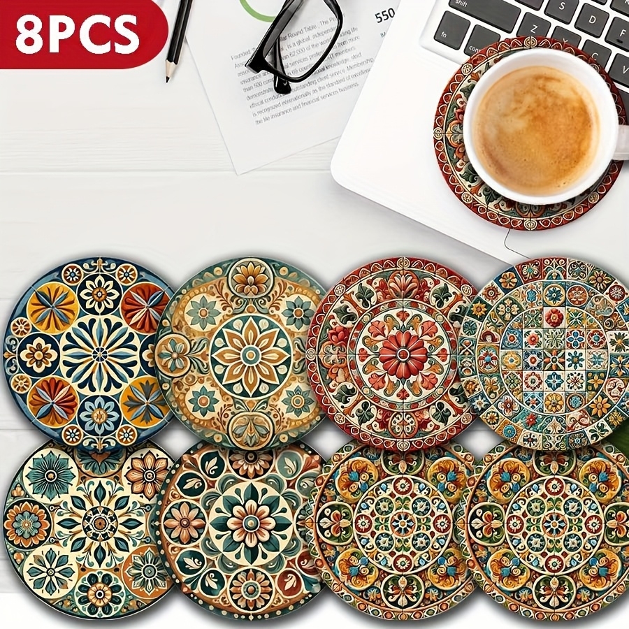 Ensemble de sous-verres en bois 2D Mandorla marocain, marqueurs artistiques circulaires pour boissons, café, thé, décoration de Table à manger pour la maison, 8 pièces