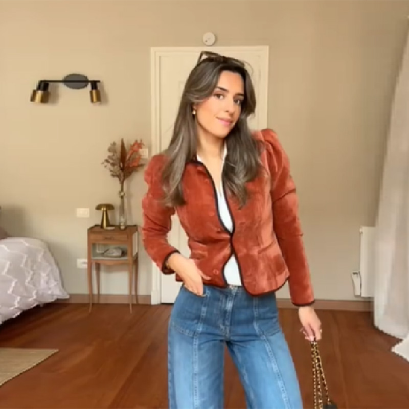 Veste Courte Décontractée Chic à Col Montant pour Femme, en Velours avec Manches Bouffantes et Bordures Contrastantes, Collection Printemps 2026, Style Urbain Élégant