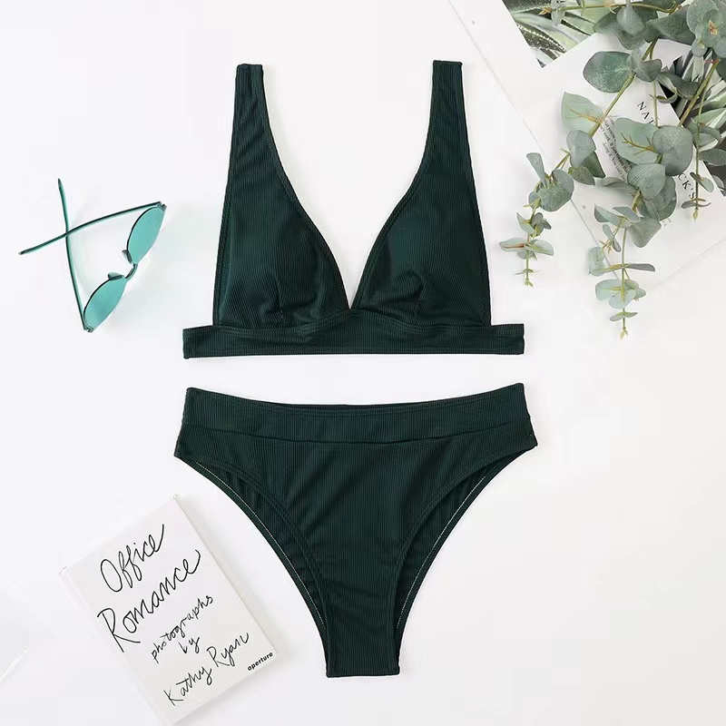 2023 nouveau Sexy col en v côtelé Bikini taille haute maillot de bain femmes solide Push Up maillots de bain femme maillot de bain Bikini ensemble maillots de bain