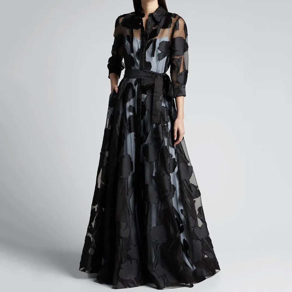 Robe longue en maille jacquard pour femmes, noire, transparente, à revers, manches longues, à lacets, pour club, soirée, sexy, à taille nouée, robes d'été