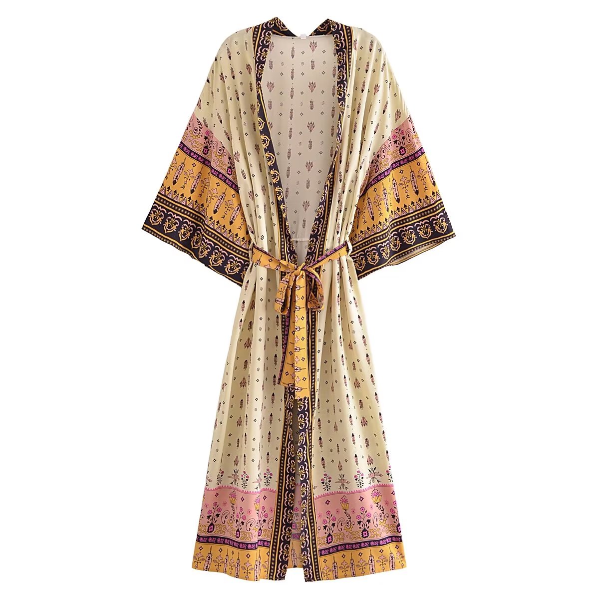 Kimono style bohème pour femmes, vintage, imprimé floral, ceintures, boho, col en V, manches chauve-souris, rayonne, robe maxi, couverture