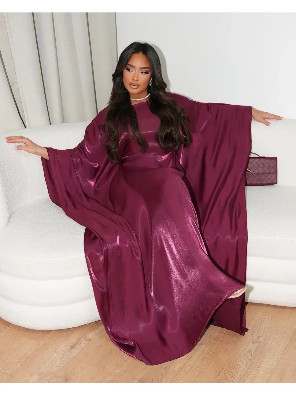 Abaya-Robe musulmane pour femmes, tenue de soirée soyeuse, manches chauve-souris, arabe, dubaï, islam, jeux éducatifs, ramadan jalabiya, 2025