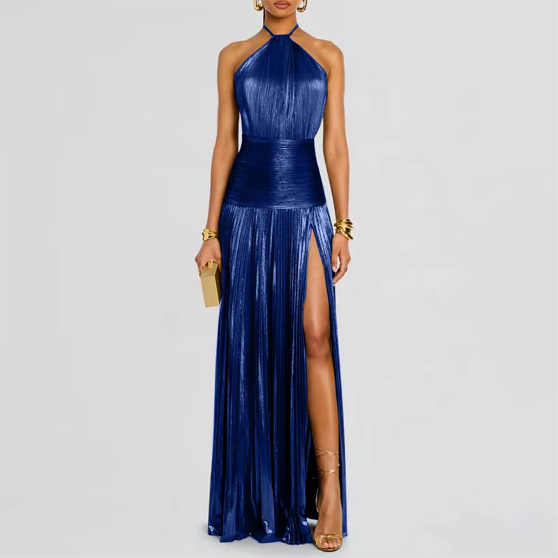 Robe de soirée dorée, Sexy, col licou, fente haute, Chic, couleur unie, plissée, longue, dos nu, fermeture éclair, Maxi, printemps été
