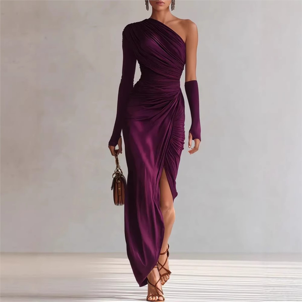 Robe de soirée élégante Printemps-Automne, couleur unie, coupe ajustée, style tendance, épaule asymétrique, taille plissée, longue, qui recouvre les hanches