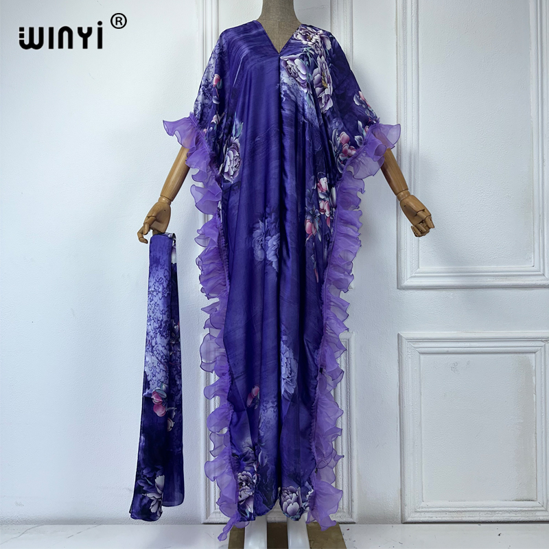 WINYI Robe de soirée d'été élégante et confortable à manches bouffantes, imprimé Abaya pour femmes, Kaftan féminin, Abaya Ramadan, Luxe Dubaï