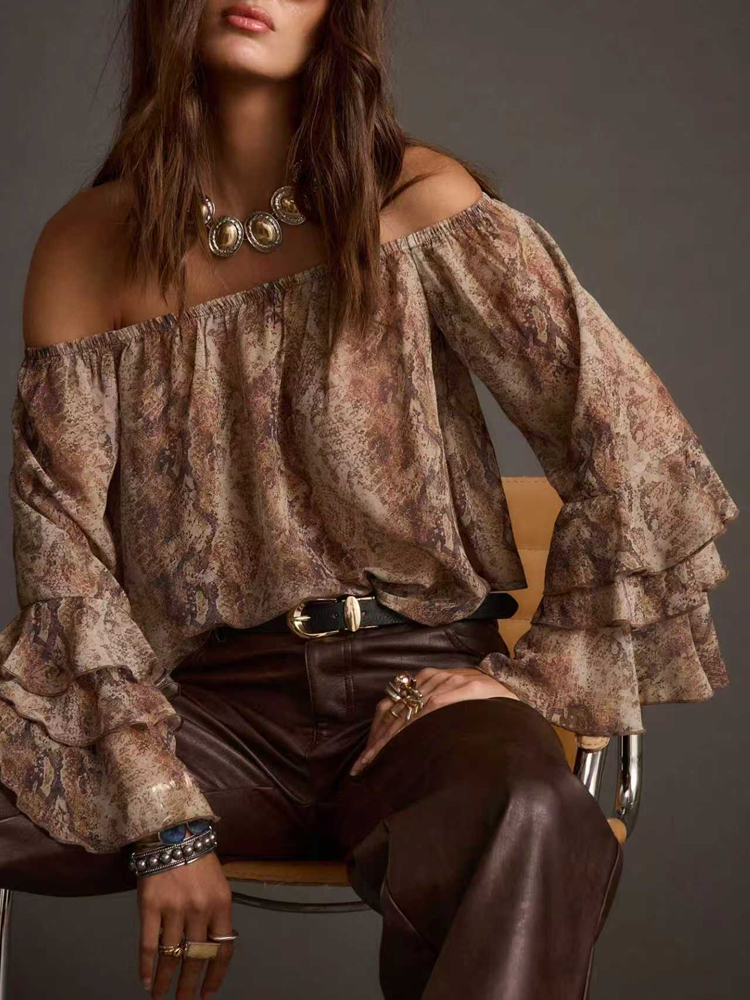 Nouvelle Blouse en Chiffon Imprimée Décontractée pour Femme, Épaules Dénudées : Élégance Color-Blocking, Style Resort, Parfaite pour l'Été