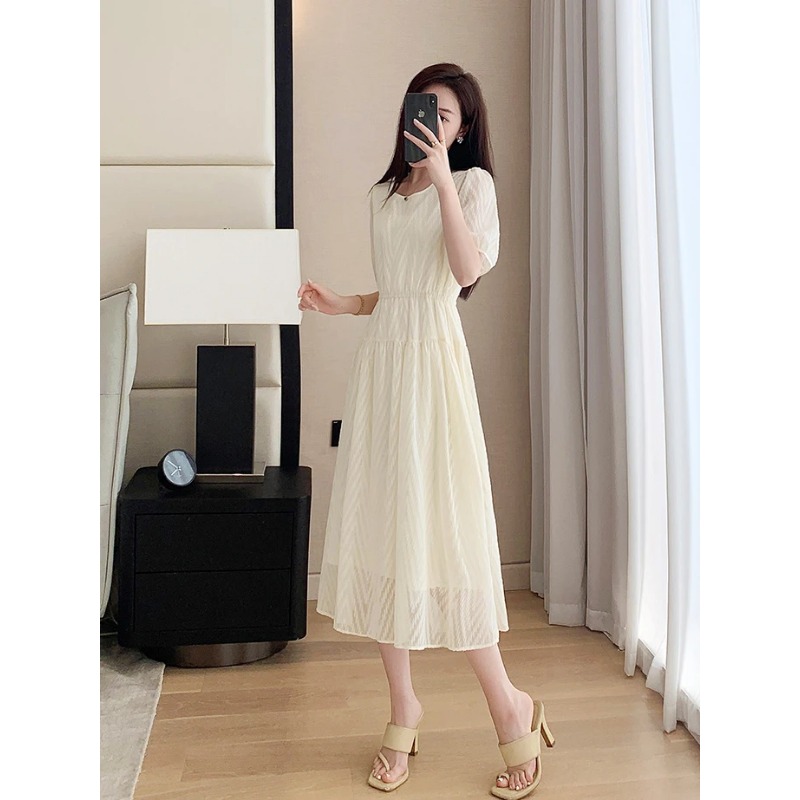 Robe midi en mousseline de soie française pour femme, col rond, coupe ajustée, élégante, décontractée, robe longue à volants