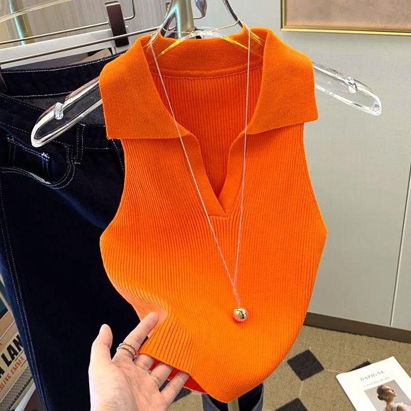 Chemise en soie glacée pour femmes, vêtements d'été, gilet tricoté, nouveau Style de mode, revers Slim, sans manches, débardeur pour femmes, 2022