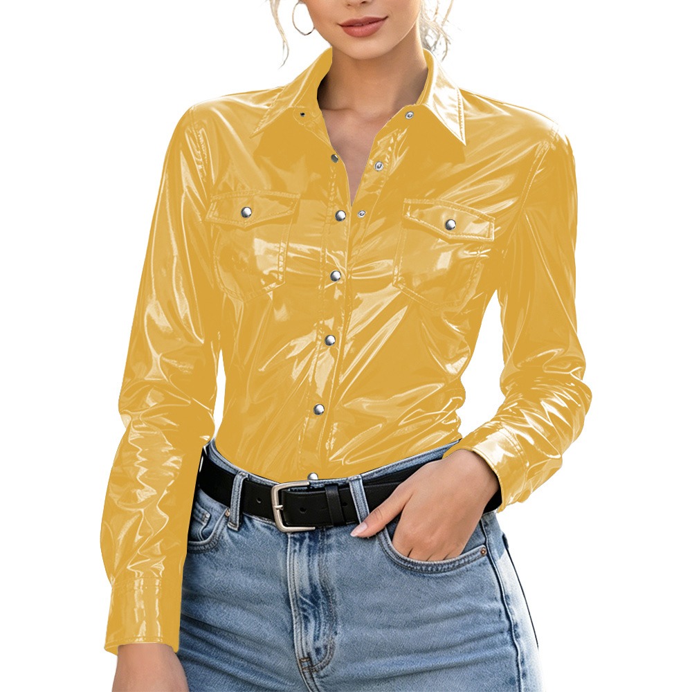 Chemisier Femme Grande Taille avec Poches, Effet Mouillé PVC, Manches Longues, Blouse Brillante en Similicuir PU, Hauts Boutonnés, Style Streetwear