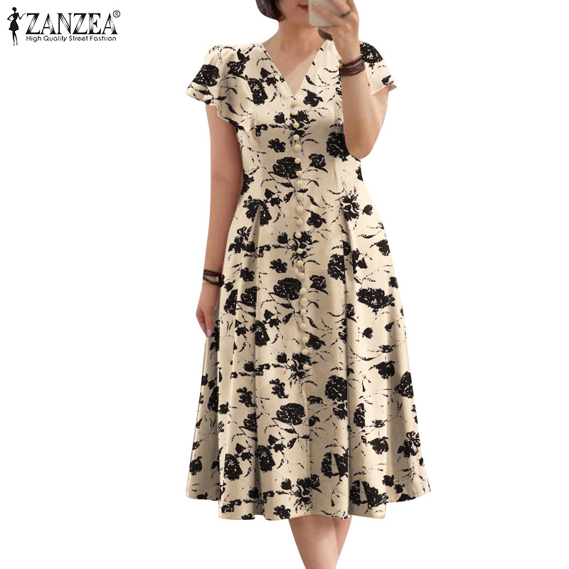 ZANZEA Robe midi élégante à imprimé floral pour femme, grande taille 5XL, col en V, manches courtes, coupe évasée, robe d'été