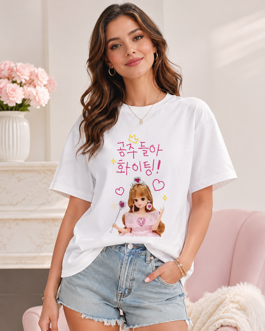 T-shirt décontracté oversize pour femme avec alphabet coréen et Hangul – Blouse quotidienne Printemps-Été – Vêtement pour l'apprentissage de la langue coréenne