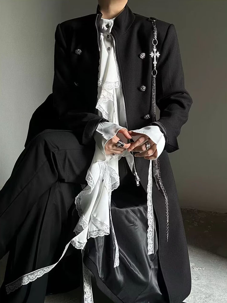 Chemise à col montant avec bordure en dentelle et volants, style gothique rétro tendance printemps-été, manches évasées à franges blanches, chemises pour hommes