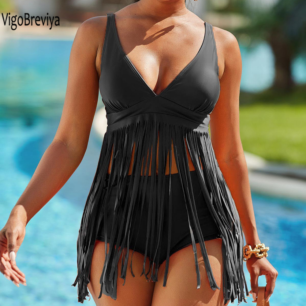 VigoBreviya 2026 Maillot de bain femme sexy à col en V, à bretelles et à pompons, bikini taille haute push-up, pour l'été et la plage