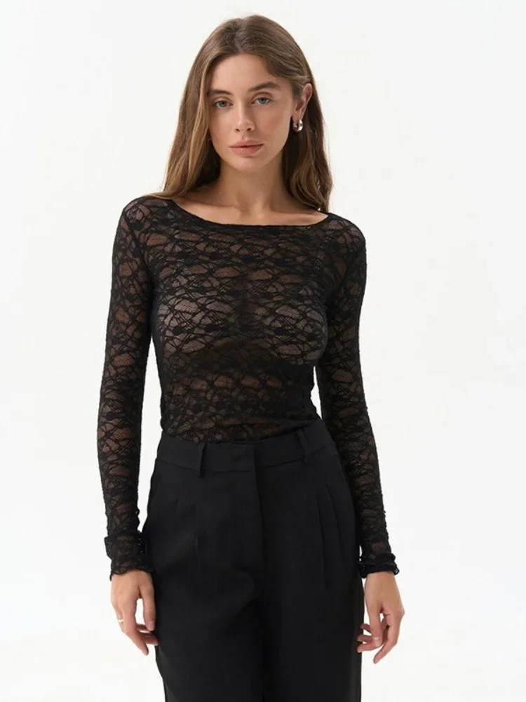 T-shirt transparent en dentelle pour femmes, Streetwear à manches longues, haut court De couleur unie, Slim Fit, accessoires Y2k
