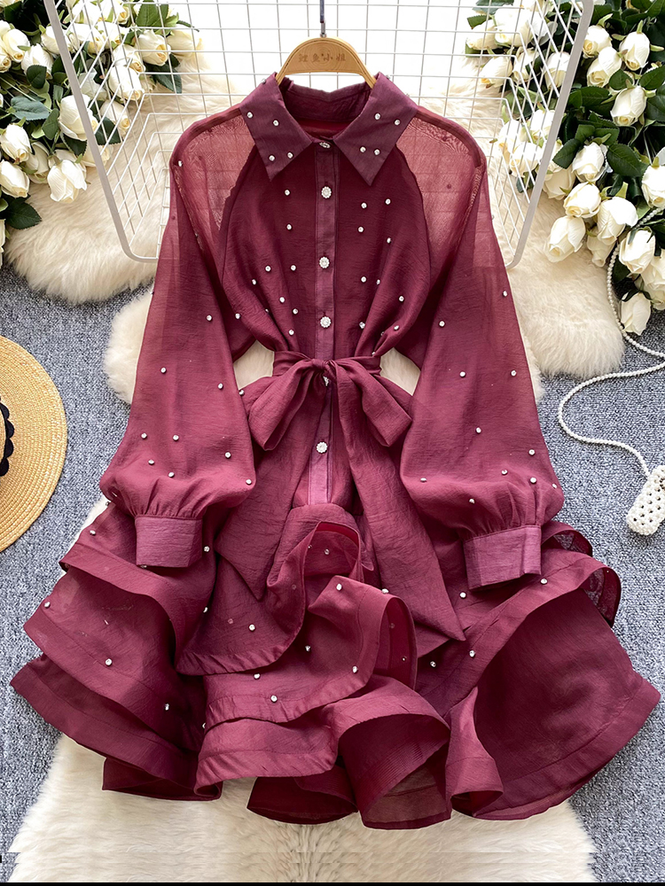 Robe française à volants cloutée en diamant pour femmes, avec bretelles, manches longues, cintrée, robe de soirée moelleuse, printemps-automne, C200